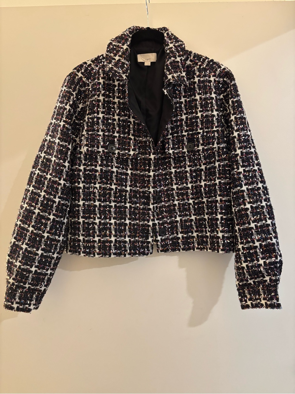 LOFT Black and White Tweed Cropped Blazer